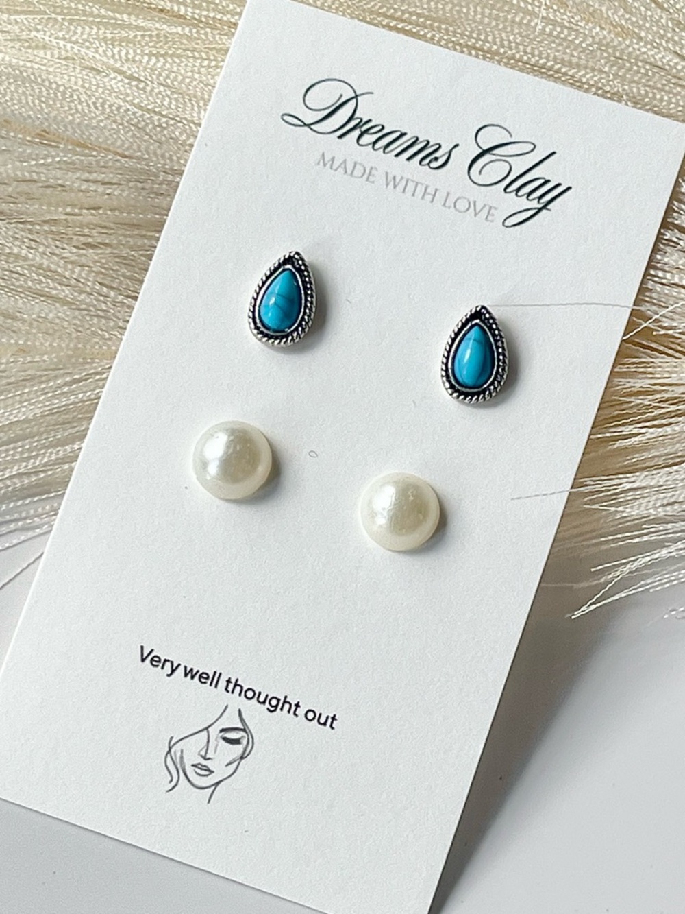 Turquoise Teardrop & Pearl Stud Earring Set